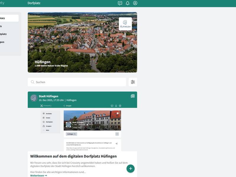 Screenshot des digitalen Dorfplatzes Hüfingen auf der Website Crossiety