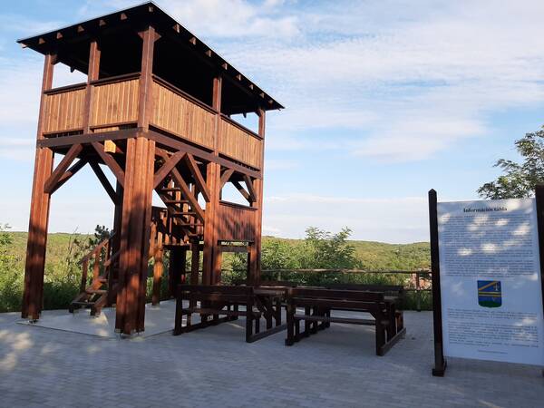 Ein hölzerner Aussichtsturm in Mende steht auf einer gepflasterten Fläche neben einer Informationstafel und Bänken, umgeben von grüner Vegetation.