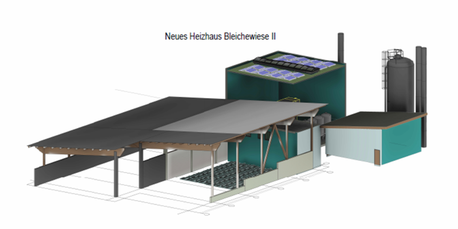 Die Abbildung zeigt ein architektonisches Modell des neuen Heizhauses Bleichewiese II mit Solarpaneelen auf dem Dach und einem angrenzenden zylindrischen Tank.