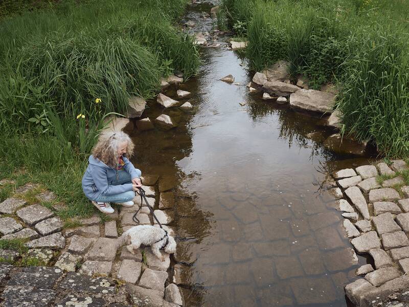 Eine Frau kniet neben einem kleinen Hund an einem Flussufer am Kofenweiher, umgeben von hohem Gras.