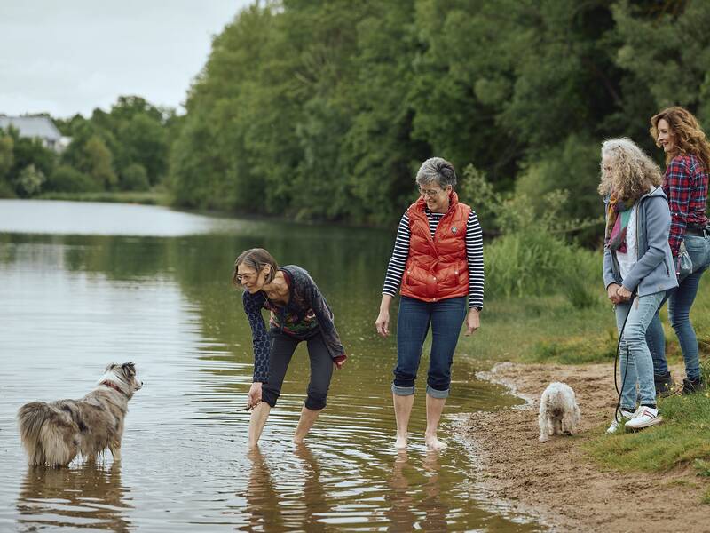 Am Ufer des Kofenweihers stehen zwei Menschen im flachen Wasser, während zwei weitere Personen mit zwei Hunden im Gras sitzen, umgeben von Bäumen.