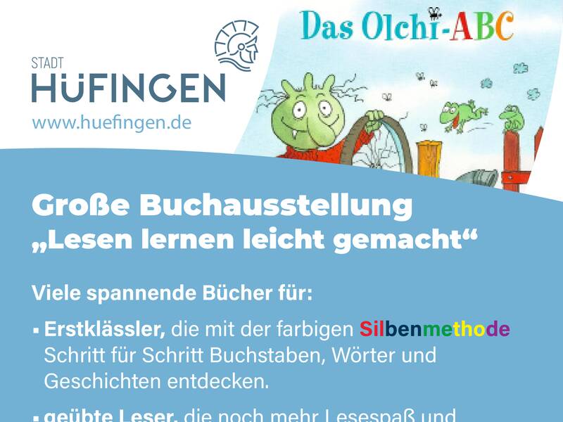 Die Grafik informiert über eine Buchausstellung in Hüfingen mit dem Titel „Lesen lernen leicht gemacht“, die vom 13. Oktober bis zum 5. November 2026 stattfindet und Bücher für Erstklässler und geübte Leser vorstellt.