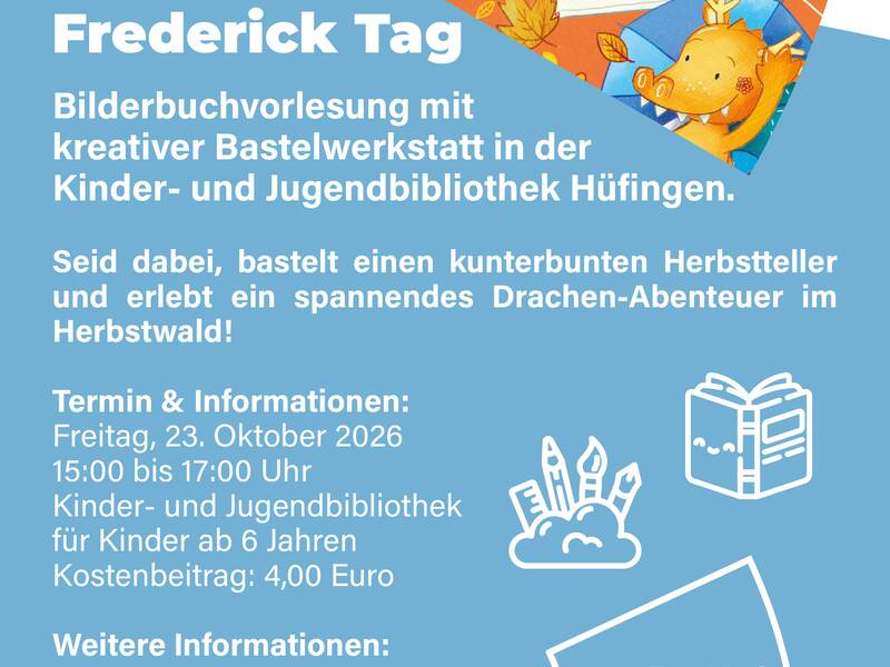 Ein Flyer der Stadt Hüfingen informiert über eine Bilderbuchvorlesung mit Bastelwerkstatt am 23. Oktober 2026 für Kinder ab 6 Jahren in der Kinder- und Jugendbibliothek Hüfingen, inklusive des Buchcovers von "Spekulatius und das Abenteuer im Herbstwald".