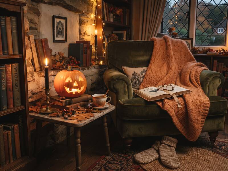 Ein gemütliches Wohnzimmer, dekoriert mit Kürbislaterne und Kerzenlicht, zeigt einen Sessel mit Strickdecke, Buch und Teetasse, umgeben von einem Bücherregal und herbstlichen Dekorationen.
