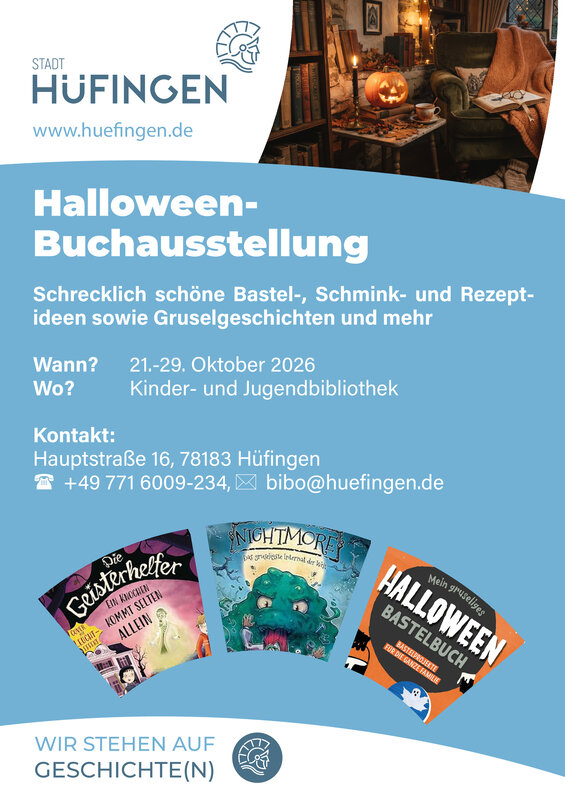 Ein Poster der Stadt Hüfingen bewirbt eine Halloween-Buchausstellung vom 21. bis 29. Oktober 2026 mit Gruselgeschichten und Bastelideen, illustriert mit drei Buchcovern.